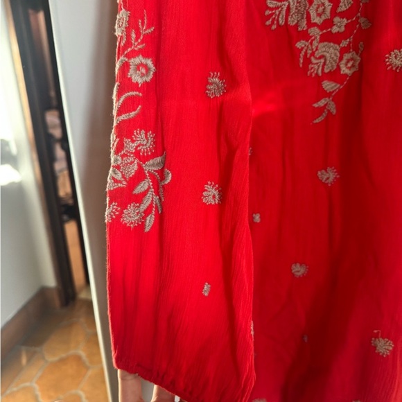 Free People Red Embroidered Boho Tunic Dress Peasant Flowy Romantic Cottagecore - Picture 3 of 7